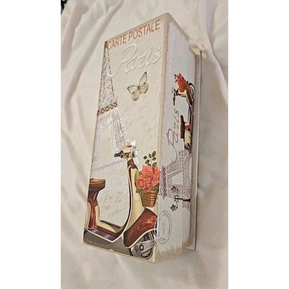 Elegant Storage Box Beige & Silver Paris Eiffel Tower Theme apprx 11.5 x 4.5 x4